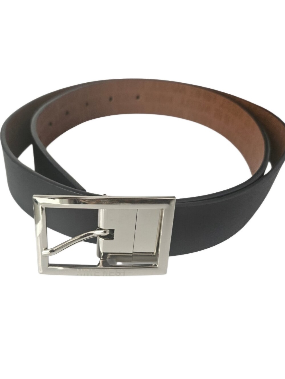Nine West Silver Buckle Black Leather Belt Women 44"